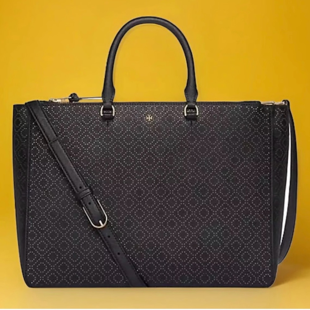 Tory Burch Black Patterned Tote. Large 17X10X7. Excellent..